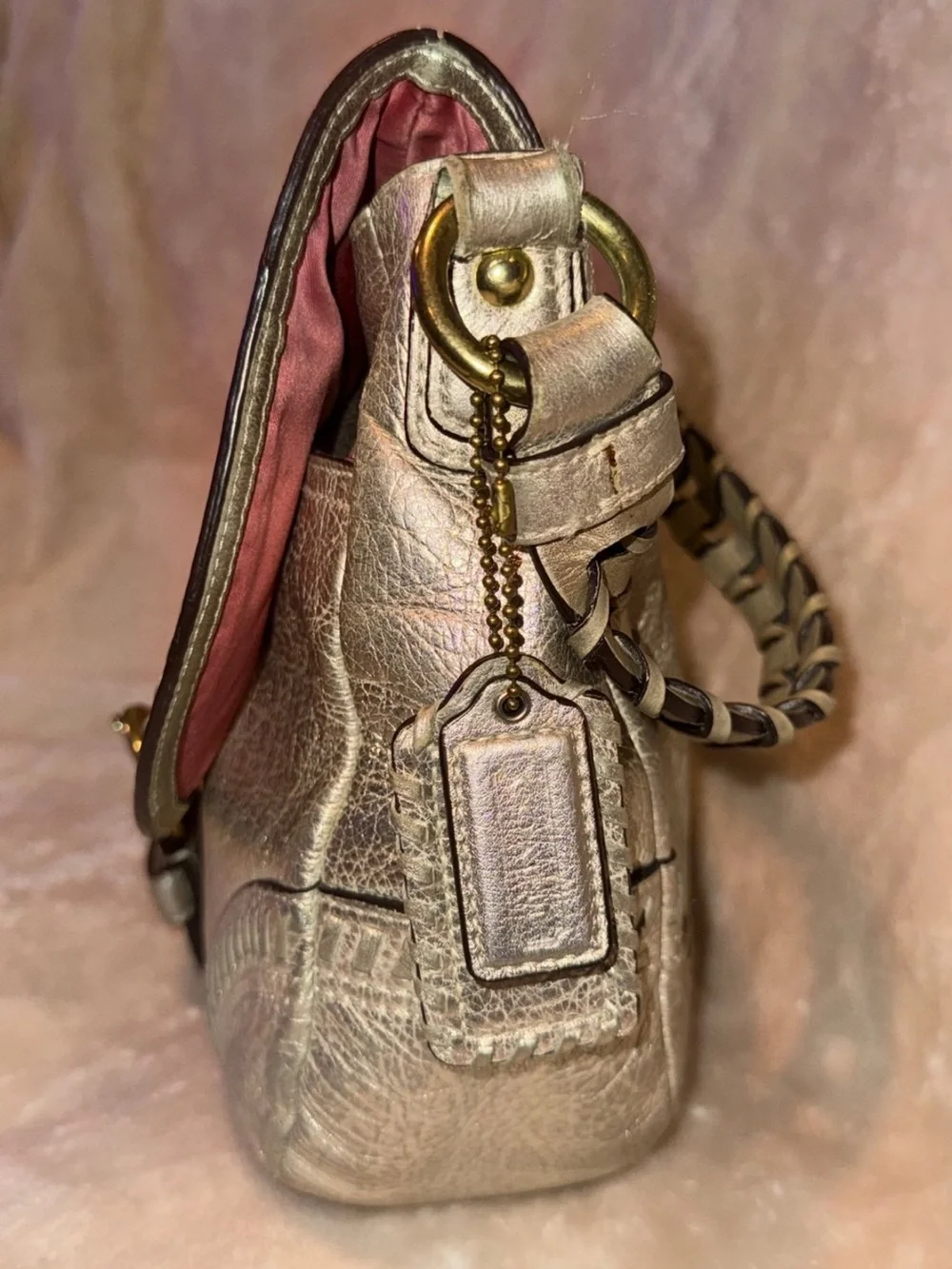 Rare Y2K Coach Metallic Whipstitch Leather Shoulder Bag Platinum Vintage READ - Picture 6 of 11